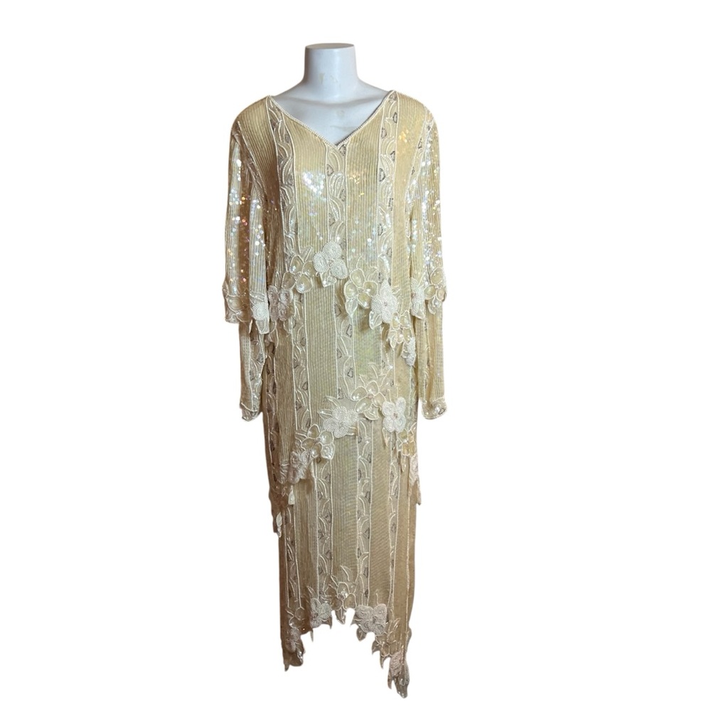 Lillie Rubin Ivory Sequins Floral Beaded Lace Silk Gown Flapper Gatsby Vintage L